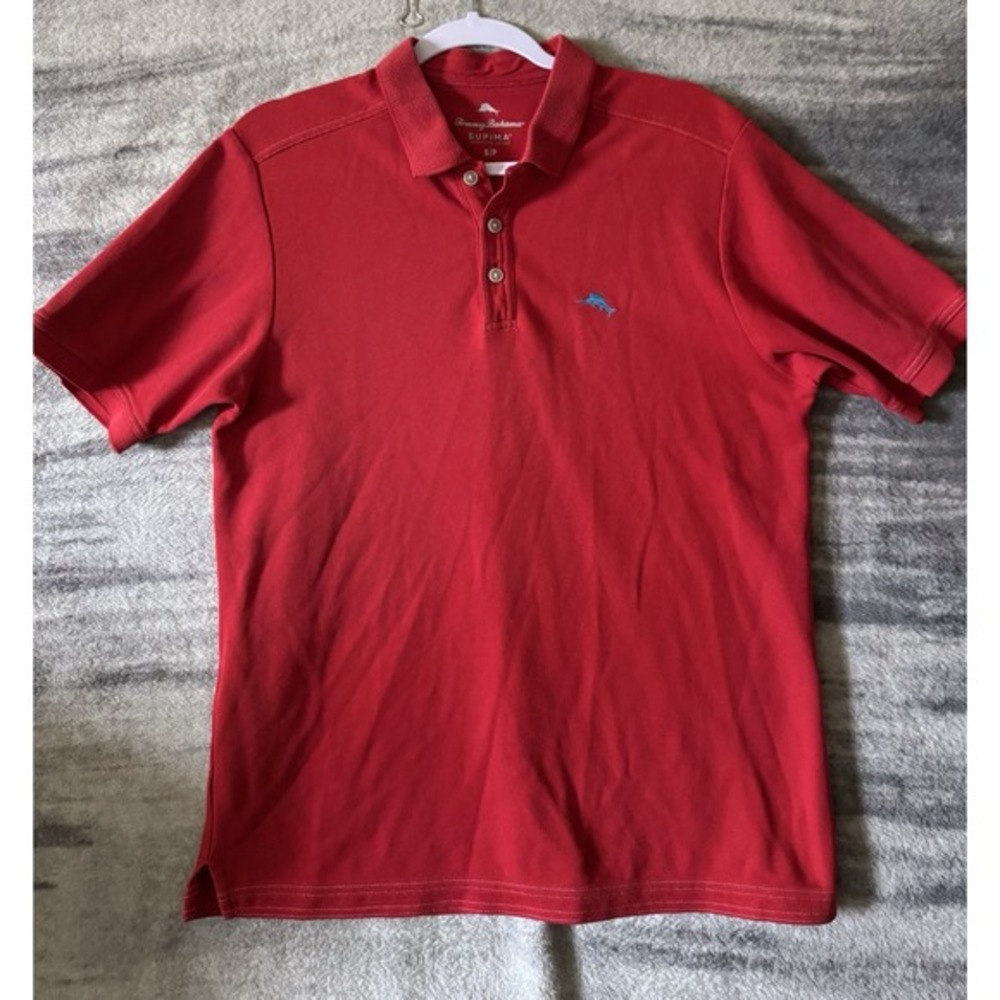 Tommy Bahama Mens Supima Cotton Polo Shirt Red Short Sleeve‎ Marlin Logo Small